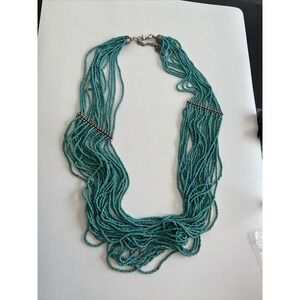 Multi Strand Turquoise Tone Seed Beaded Necklace Bib